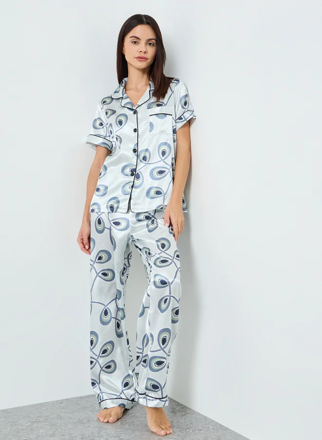 Take Two Multi Women Graphic Printed Short Sleeve Shirt and Pyjama Set for Women | Best Price UAE